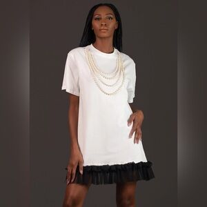 Kate Hewko White Shirt Dress w/Attached Necklace and Tulle Trim